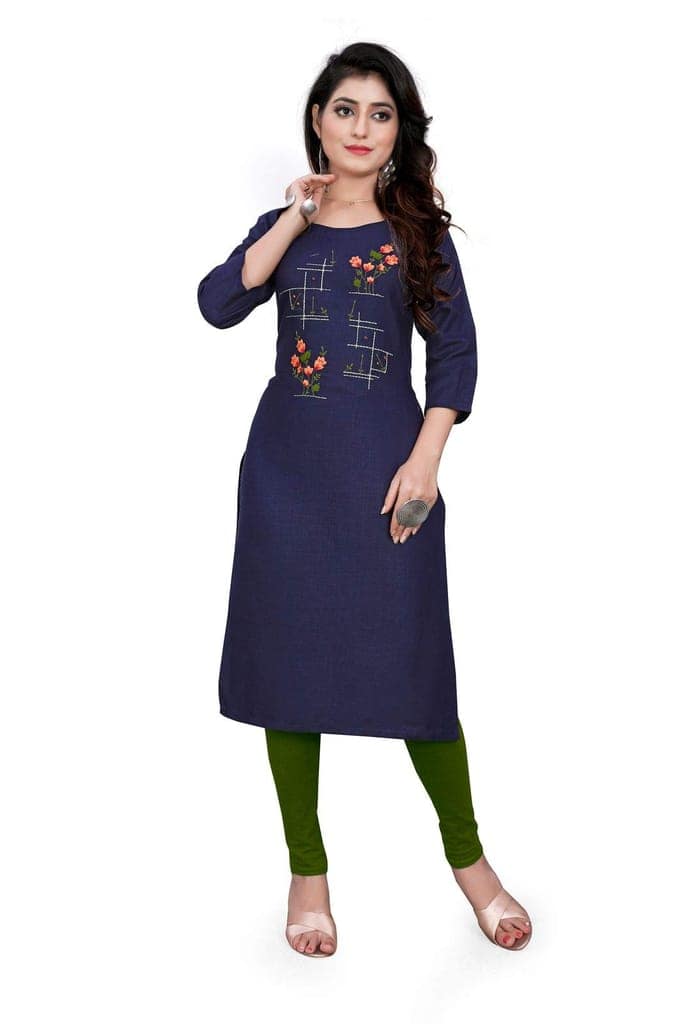 STYLEOO Ruby Slub 3/4 Sleeves Embroidered Kurti for Women's (M, L, XL, XXL Dark Blue) view 2