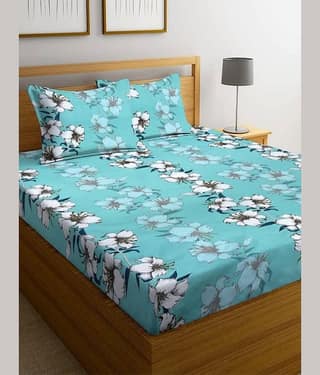 SHOMES Cotton Floral Fitted 1 Bedsheet with 2 Pillow Covers ( Double Bed ) - Green