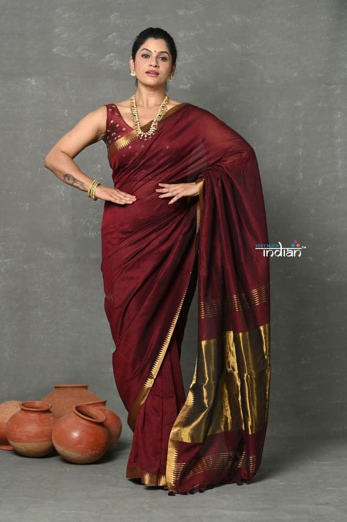 Tyohaar ~ Designer! High Quality Pure Mul Cotton Handloom Saree - Dark Maroon view 2