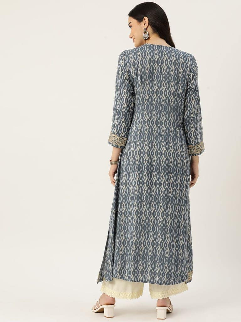 Ikat Printed Mirror Work A-Line Kurta view 3