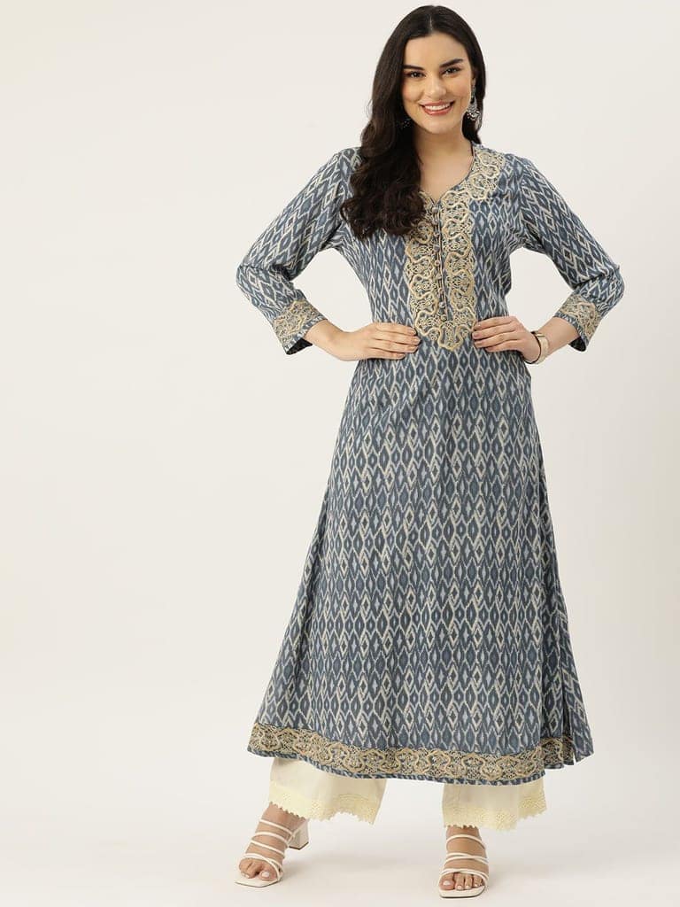 Ikat Printed Mirror Work A-Line Kurta view 4