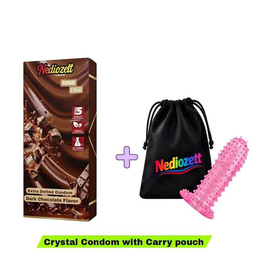 Nediozett Crystal Condom Chocolate Flavor For Long Last Action Silicone Reusable Condom Extra Dotted 5 inch with Carry Pouch (Pack of 1)