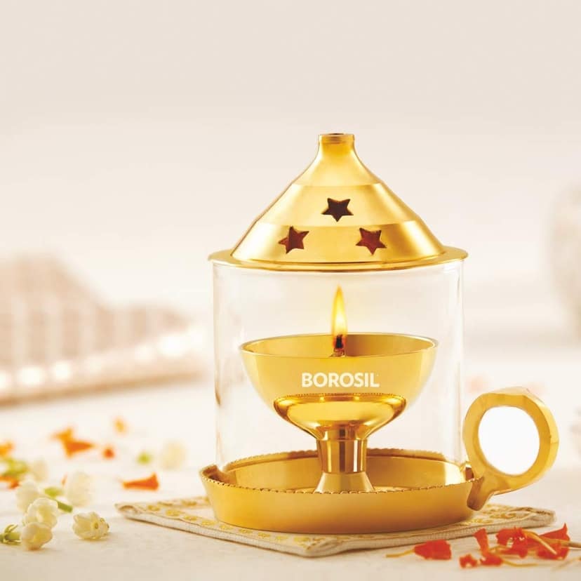 Borosil Small Mangal Diya Decorative Brass Glass Oil Lamp | Tea Light Holder | Diya with Borosilicate Glass | Puja Dia for Mandir | Lantern Diya with Glass Cover