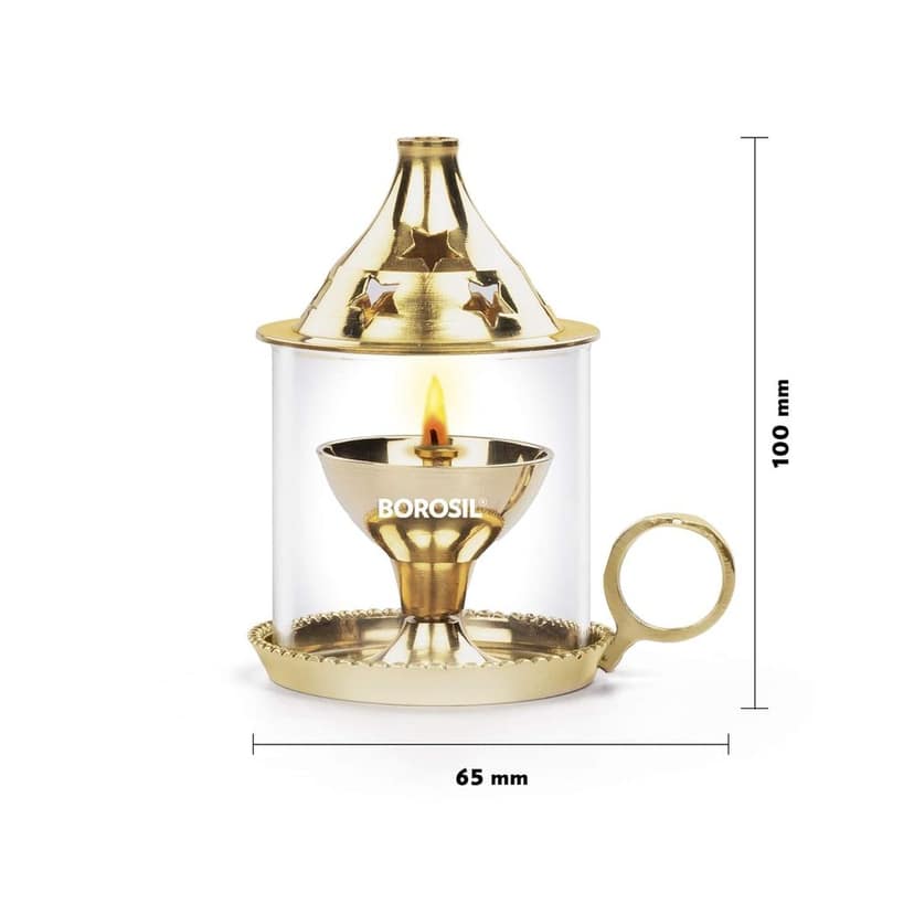 Borosil Small Mangal Diya Decorative Brass Glass Oil Lamp | Tea Light Holder | Diya with Borosilicate Glass | Puja Dia for Mandir | Lantern Diya with Glass Cover view 3