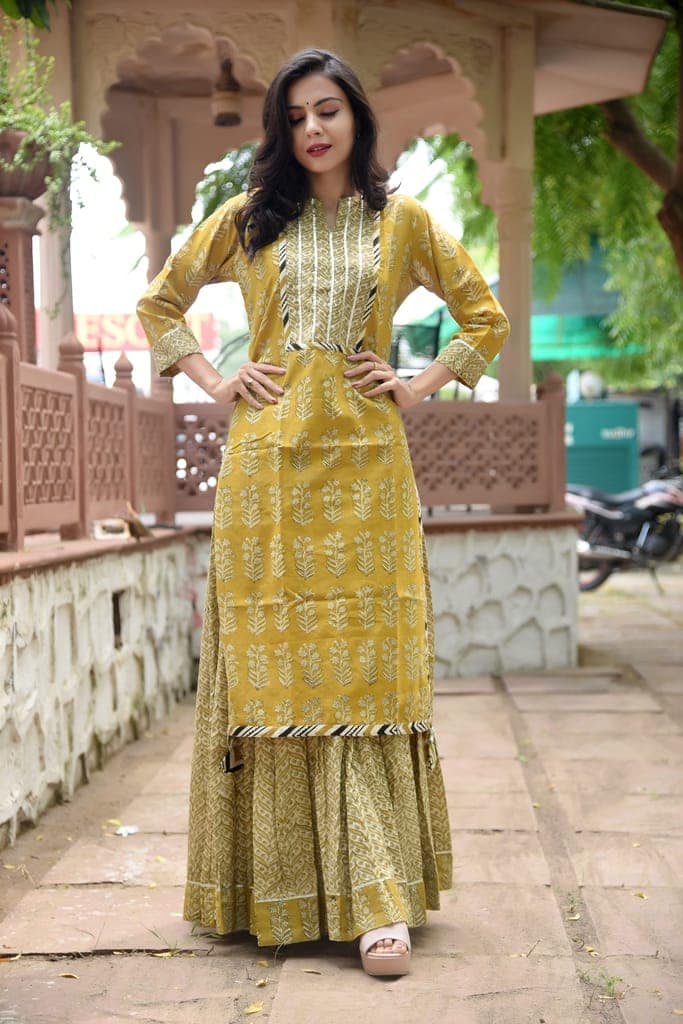 Bagru Handblock Print Cotton Kurta Skirt Set – Mustard