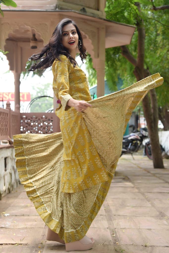 Bagru Handblock Print Cotton Kurta Skirt Set – Mustard view 4