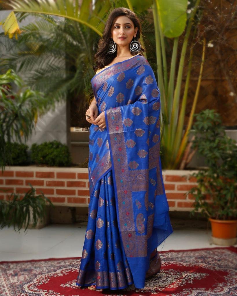 Silkmark Certified Tussar Moonga Banarasi Silk Saree Navy Blue Color with running blouse-8588 view 2