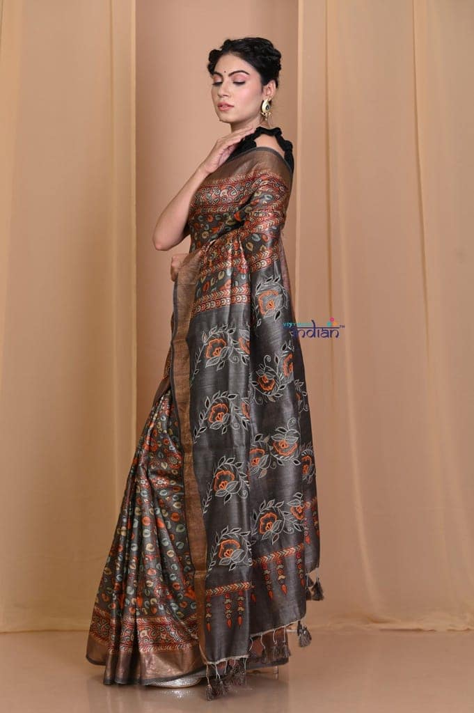 Pehal~ Authentic Grey Tussar Saree with Kalamkari Print with Cutwork Embroidery Pallu view 2