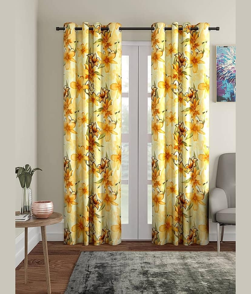 Home Sizzler Set of 2 Door Semi-Transparent Eyelet Polyester Curtains Yellow