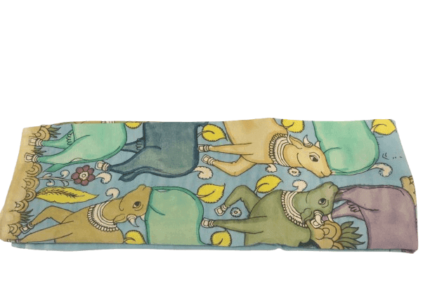 Kalamkari hand made Blue Hand Painted Cotton Saree with Madhubani Art view 2