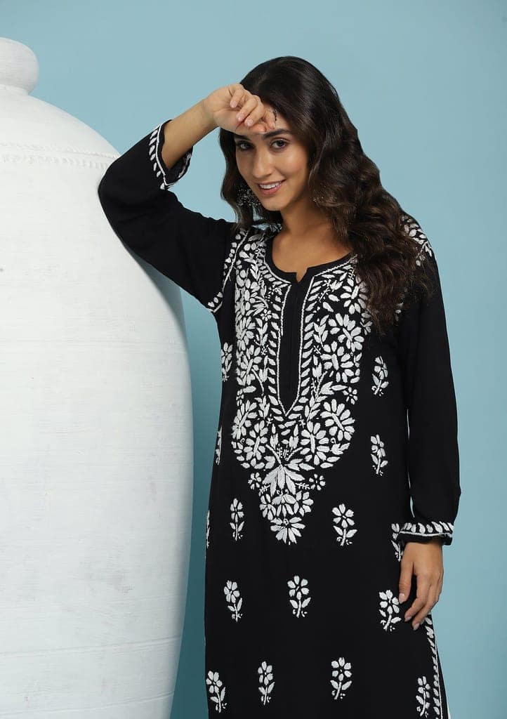 Rayon Chikankari Solid Women's Long Kurta - Black view 3