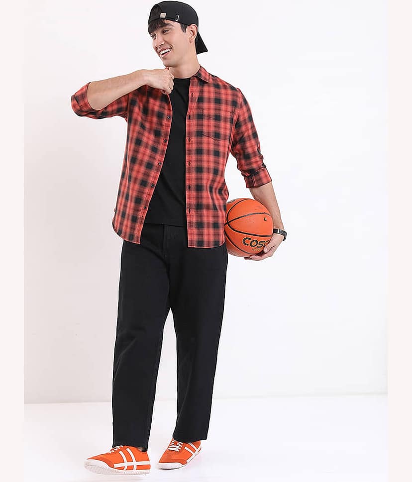 Highlander Cotton Blend Regular Fit Checks Full Sleeves Men's Casual Shirt - Rust ( Pack of 1 ) view 2