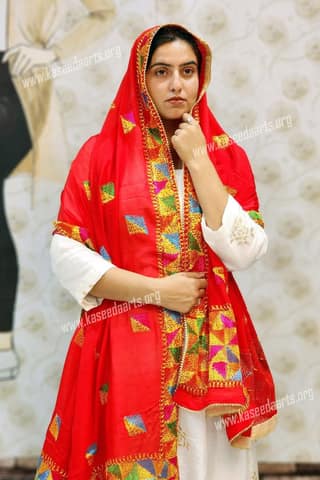 Kaseedaarts Traditional Handmade Red Phulkari (Wedding Dupatta for Women's)