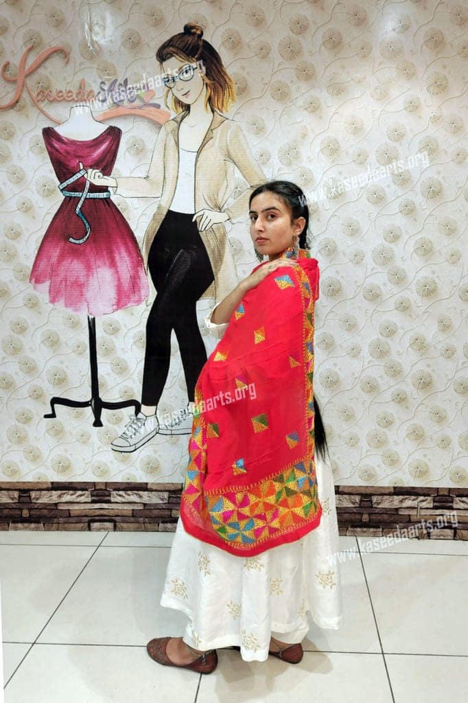 Kaseedaarts Traditional Handmade Red Phulkari (Wedding Dupatta for Women's) view 7