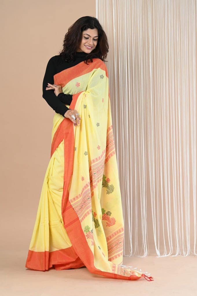 Handloom Pure Cotton Saree With Handwoven Buttis ~ Yellow view 2