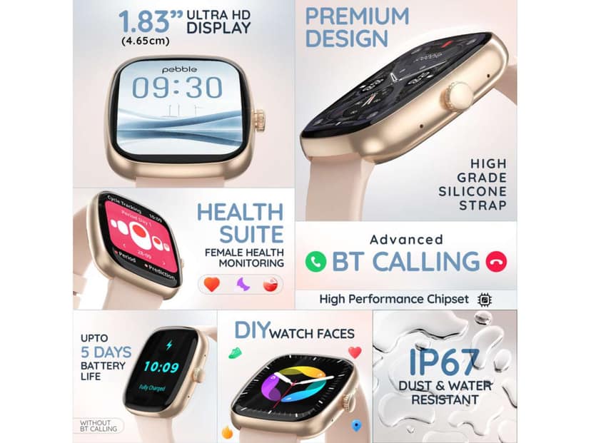 Pebble Stella 1.83" HD Smart Watch BT Calling, Premium Metal Build, 100+ DIY Watch Faces, Female Health & Heart Rate Tracking, 100+ Sports Modes - Jet Black view 2