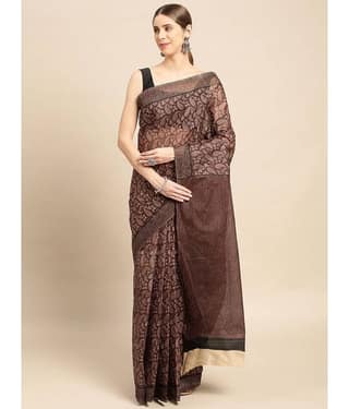 SHANVIKA Cotton Printed Saree Without Blouse Piece ( Brown )