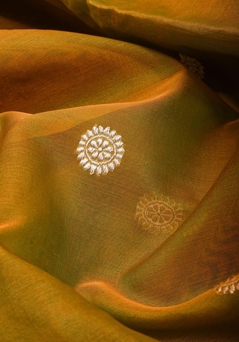 Gorgeous Pure Banarasi Kora Silk Saree in Henna Mustard Dual Tone with Kadhuwa Weave | SILK MARK CERTIFIED view 3