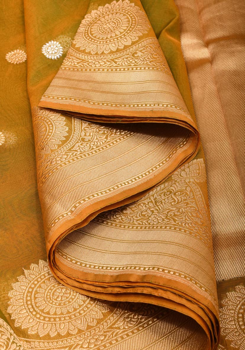 Gorgeous Pure Banarasi Kora Silk Saree in Henna Mustard Dual Tone with Kadhuwa Weave | SILK MARK CERTIFIED view 4