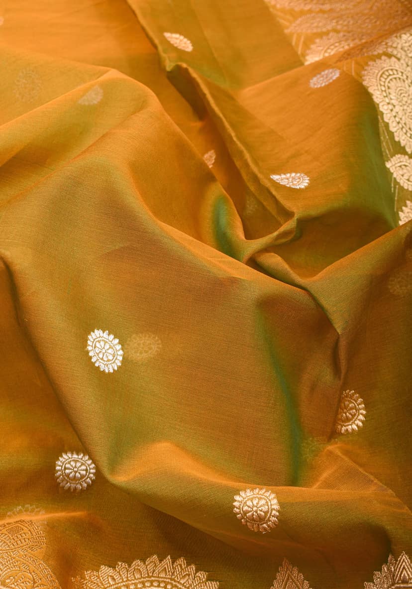 Gorgeous Pure Banarasi Kora Silk Saree in Henna Mustard Dual Tone with Kadhuwa Weave | SILK MARK CERTIFIED view 6