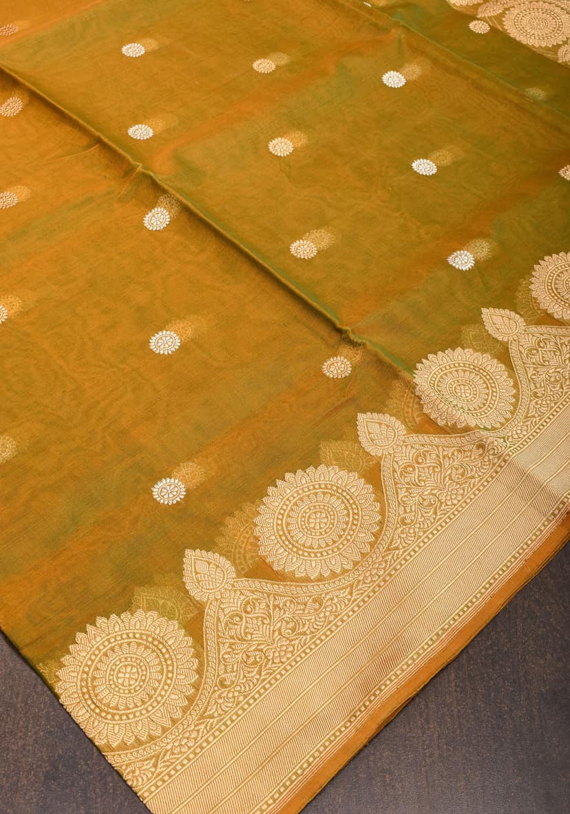 Gorgeous Pure Banarasi Kora Silk Saree in Henna Mustard Dual Tone with Kadhuwa Weave | SILK MARK CERTIFIED view 7