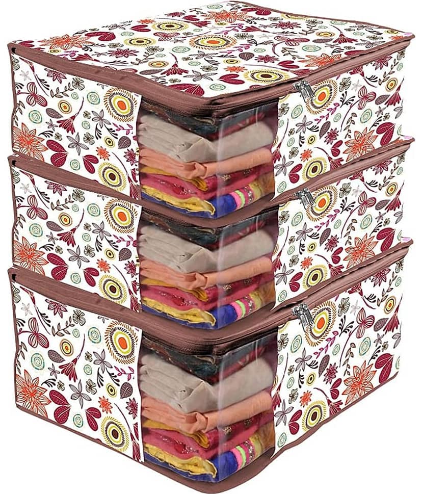 PrettyKraftsSaree Cover Large with creative prints, Saree Storage Bag with Zip, Wardrobe Organiser, Clothes Cover & Storage,Multi Mushroom , Set of 3 pcs