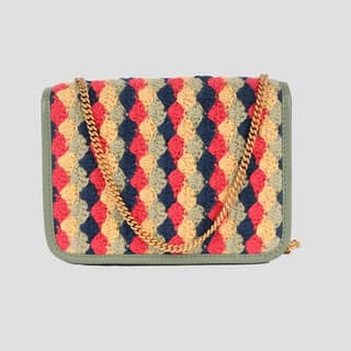Handmade Colorful Textured Crossbody Bag with Chain Strap and Green Trim