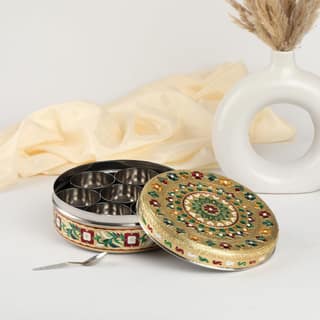 NAVRANG Stainless Steel Spice Box Masala Box/Dabba Decorative Meenakari (7 Steel Cups With 1 Spoon) Multi Colour