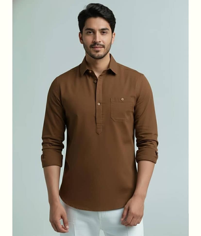 BHUVIKOO Cotton Blend Plain Shirt Style Kurta For Men ( Grey )