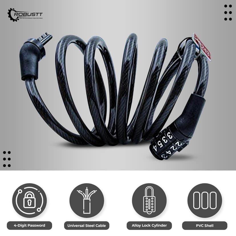 Robustt Keyless Numeric Combination Cable Lock for Bikes and Luggage - Black view 2