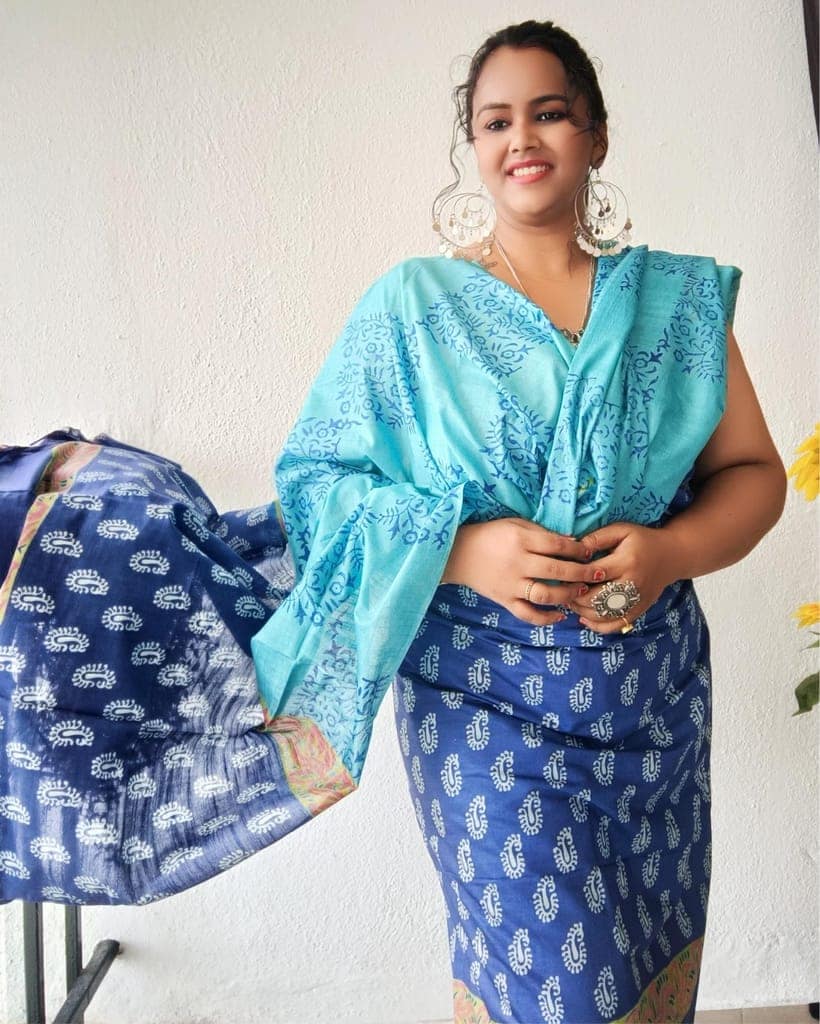 Katan Silk Handblock Printed Suit Piece Blue Color with Bottom and Green Dupatta Handcrafted-5748 view 2