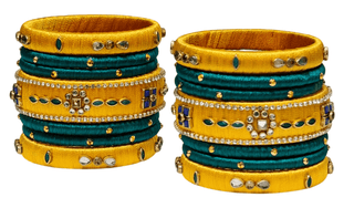 Green and Yellow Silk Thread Bangles with Stone and Pearl Embellishment