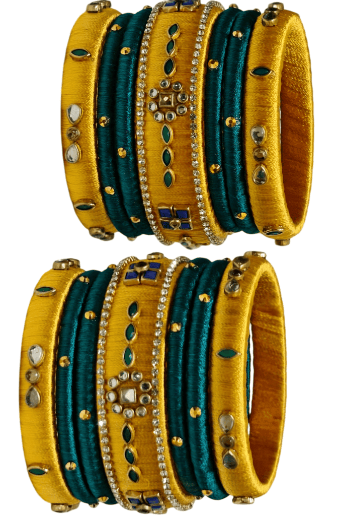 Green and Yellow Silk Thread Bangles with Stone and Pearl Embellishment view 2