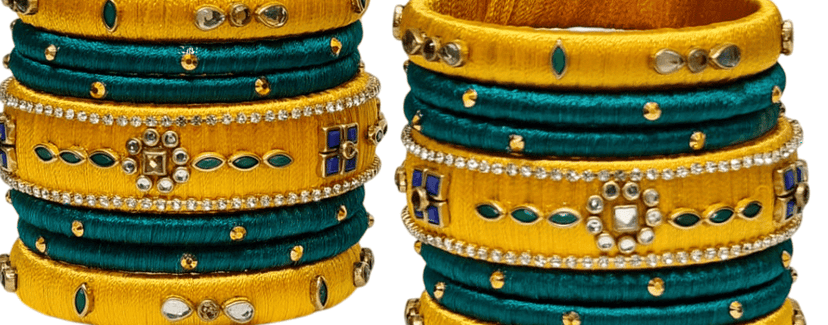 Green and Yellow Silk Thread Bangles with Stone and Pearl Embellishment view 3