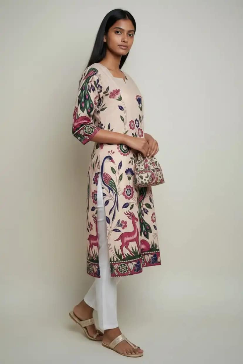 Pedana Kalamkari Screen-Print Cotton Kurti in Khaki with Peacock Motif view 2