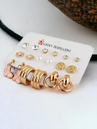 LUCKY JEWELLERY Fashion 9 Pairs Combo Set Of Latest Earrings Celebrity Inspired Stylish Trendy Gold Plated Studs Butterfly Dangle Earing Chain Link C Shaped Earring for Women & Girls (225-CHEX-1156-9)