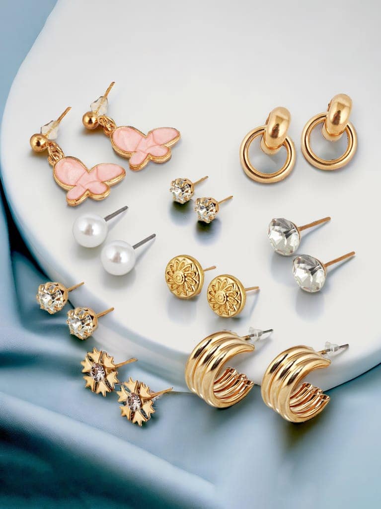 LUCKY JEWELLERY Fashion 9 Pairs Combo Set Of Latest Earrings Celebrity Inspired Stylish Trendy Gold Plated Studs Butterfly Dangle Earing Chain Link C Shaped Earring for Women & Girls (225-CHEX-1156-9) view 3