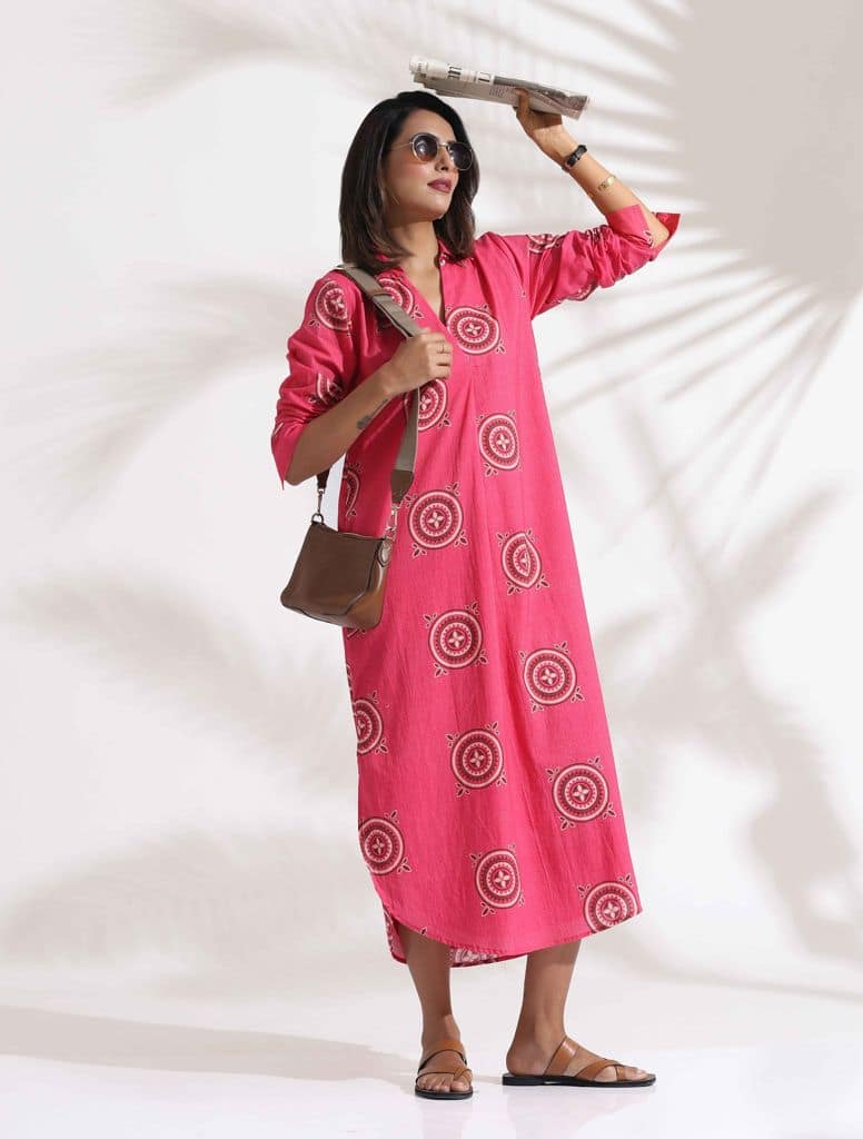 trueBrowns Pink Cotton Print A-line Dress - Pink (3XL) view 2