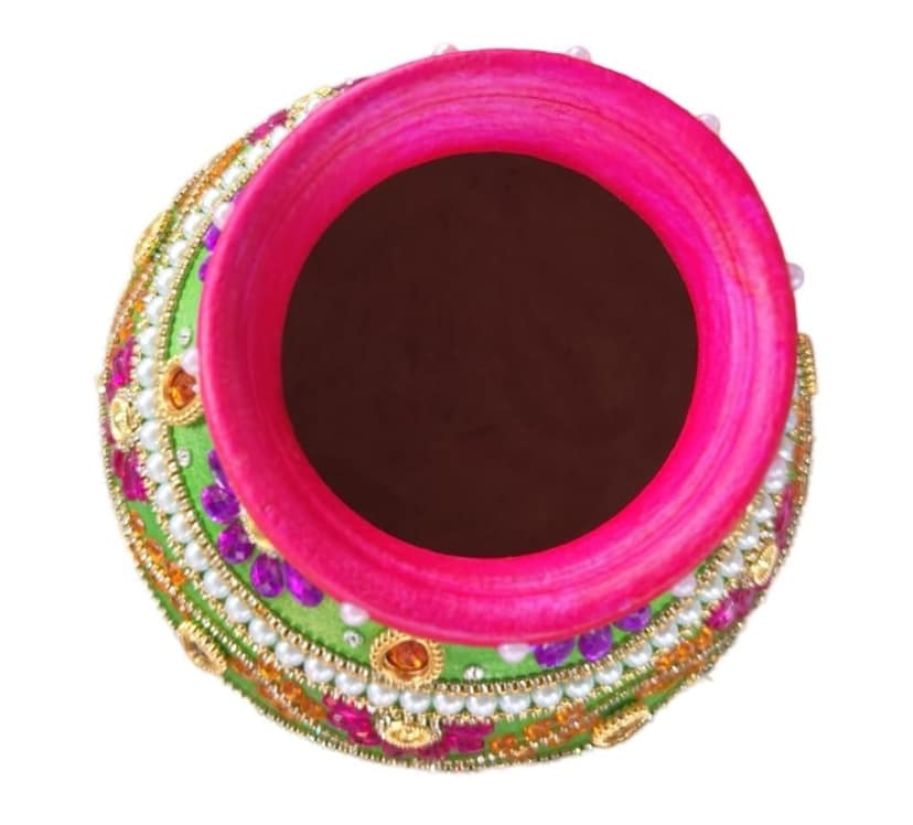 Green Matka with Kundan and Pearl Work for Diwali Decoration view 2