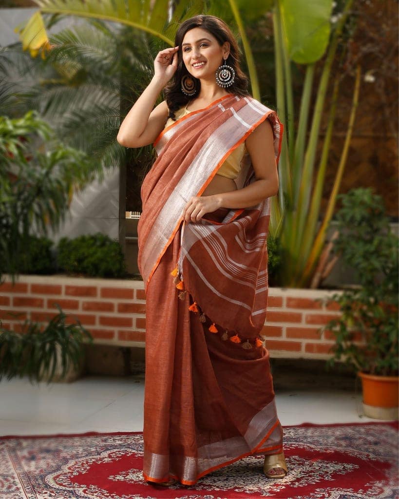 Handwoven Pure Linen Brown Saree with running blouse-2314 view 2