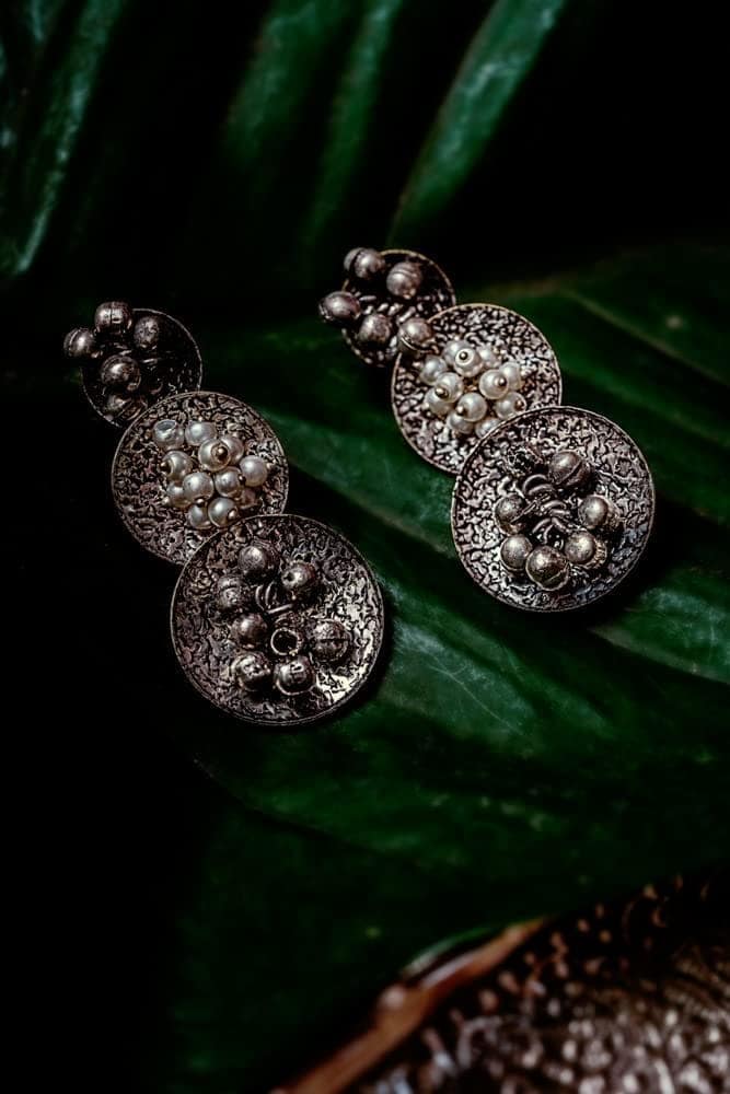 Garvi Gurjari (A Gujarat Govt Enterprise) Handcrafted Oxidized German Silver Earrings (GGCGSEN12) view 3
