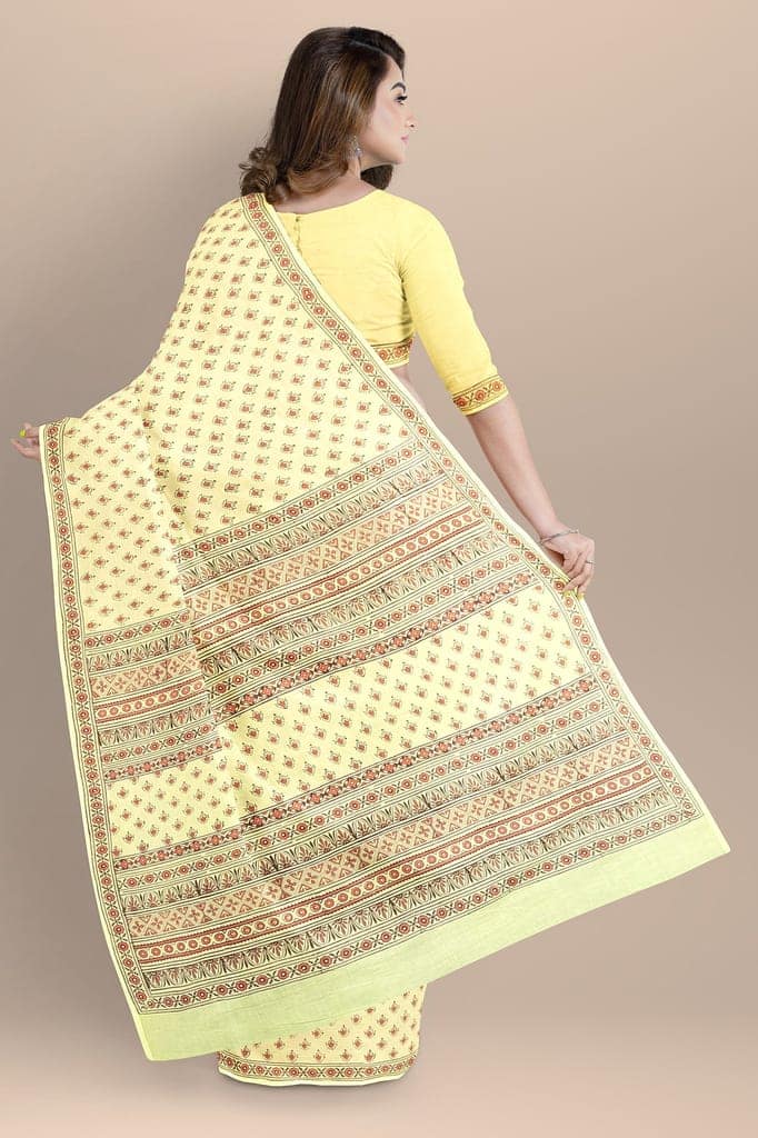 Lemon Yellow Buti Motif Chippa Hand Block Print Malmal Cotton Saree SKU-AS10074 view 2