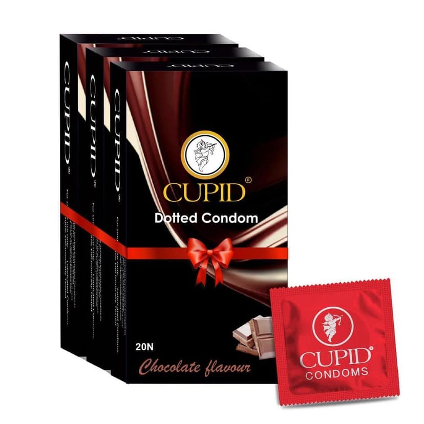 Cupid Dotted & Flavoured Condoms Chocolate Flavour (Pack of 3) | Lubricated & Multitextured Condoms | For Her Enhanced Pleasure | Pack of 3, 20 Pcs Each