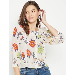 PURYS Women White Printed Basic Top