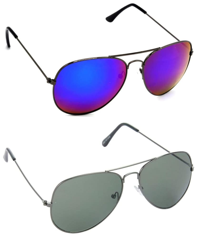 HRINKAR Unisex Pilot Sunglasses Grey Frame, Pink & Green Lens (Medium) - Pack of 2