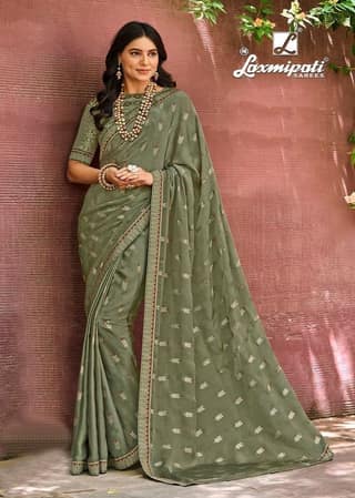 Olive Color Foil Print Silk Chiffon Saree With Fancy Border And Fancy Blouse Piece