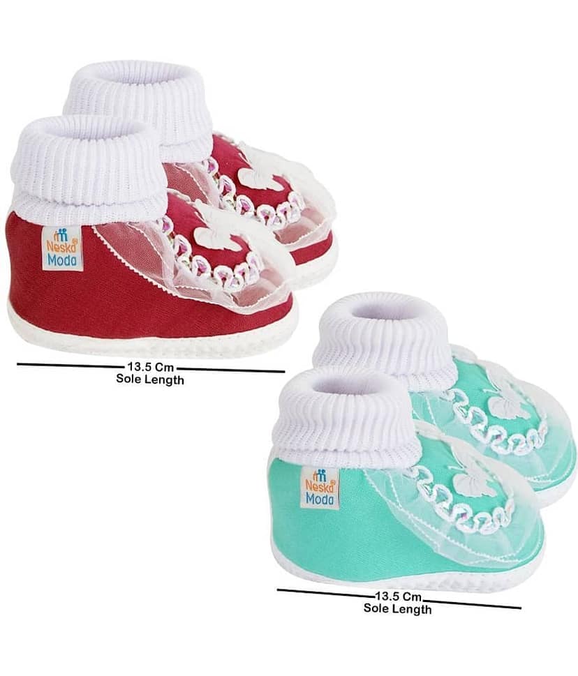 Neska Moda Set of 2 Pair Baby Boys & Baby Girls Butterfly Frill Cotton Booties For 12 to 24 Months (Maroon,Green) view 2