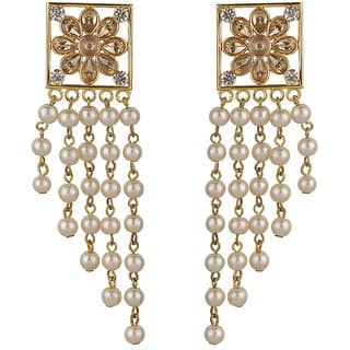 Square Designer Drop Crystal pearl Dangler Golden White Alloy Brass Copper Earrings for Women's Fashion Jewelry