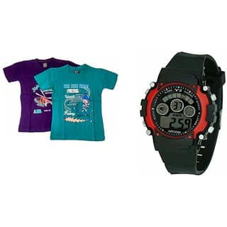 kavya Fashion Two Half Sleeve T shirt and Seven Light Sport Watch for Boy