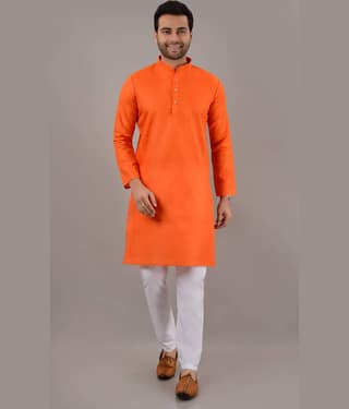 MOUDLIN Orange Cotton Blend Regular Fit Men's Kurta Pyjama Set ( Pack of 1 )